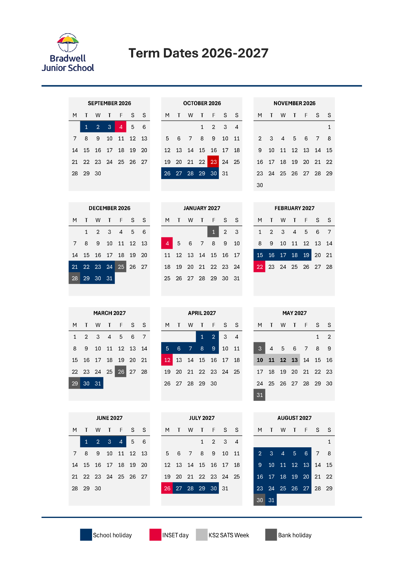 Term Date Calendar for 2026 to 2027